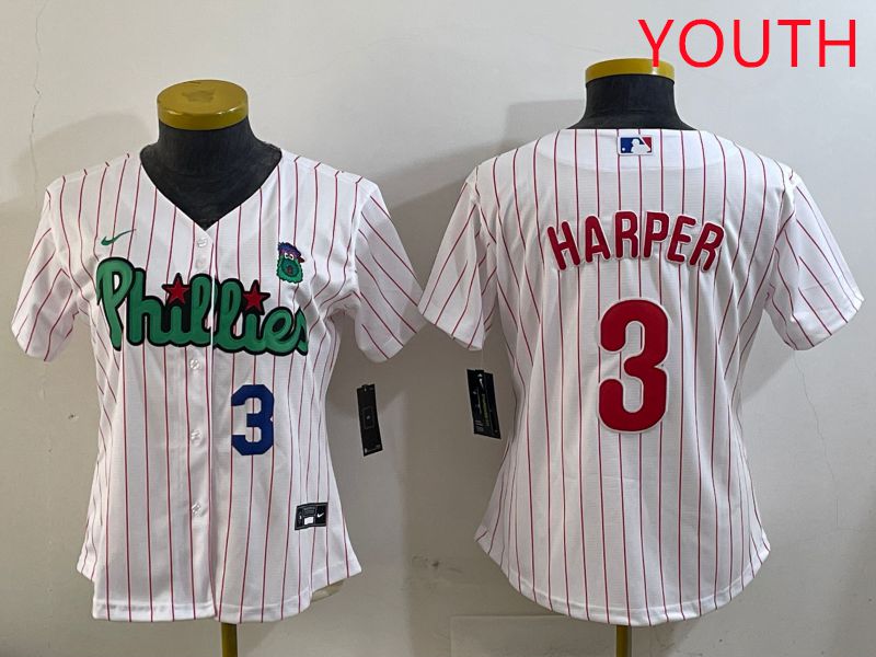 Youth Philadelphia Phillies #3 Harper White Stripe Second generation joint name 2025 Nike MLB Jersey style 2